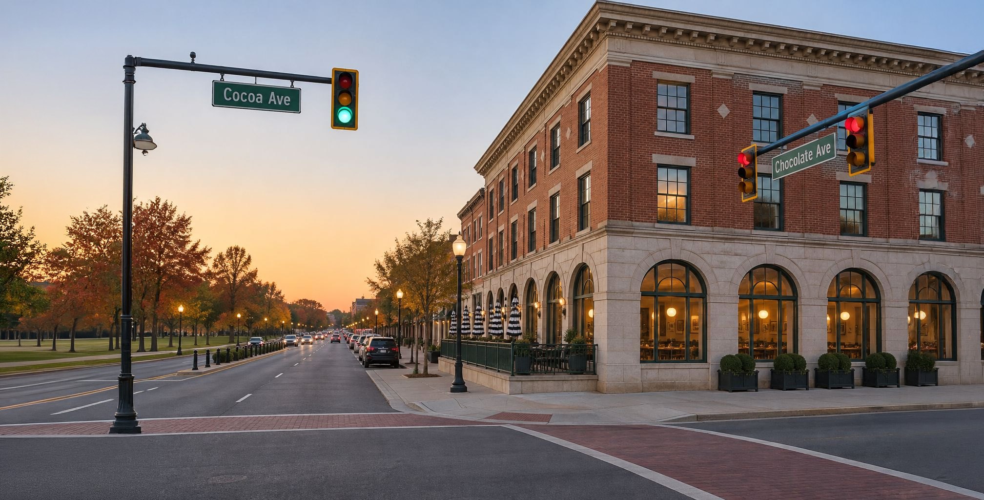 Cocoa Avenue and Chocolate Avenue street signs at a brick corner building in Hershey, Pennsylvania, at golden hour