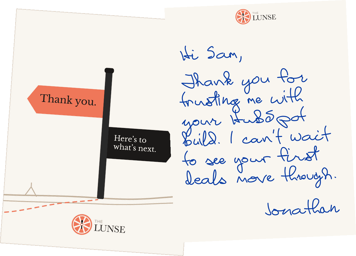 The Lunse card: The front with a Thank you signpost, and the inside with a handwritten note to a client